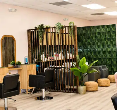 Square about us image showing the salon interior with chairs and green wall